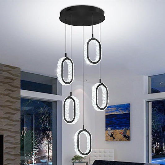 Crystal Rings Chandelier for Living Room, Dimmable Led Black Crystal Ring Chandelier High Ceiling 5-Light Oval Ring Pendant Light for Dining,Hallway, Entryway,Bedroom