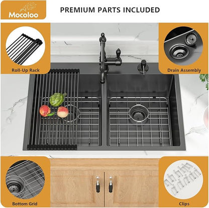 Mocoloo Double Bowl Kitchen Sink Drop in 33 x 22 Sink Gunmetal Black Double Bowl 50/50 Stainless Steel 16 Gauge Handmade, 10'' Deep Sinks