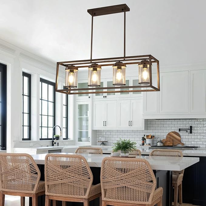 Farmhouse Dining Room Light Fixtures, Black and Gold Chandeliers for Dining Room,Kitchen Island,Office Coffee Shop, Rustic Rectangle Linear Pendant Ceiling Light with Glass Shade,Oak and Gold