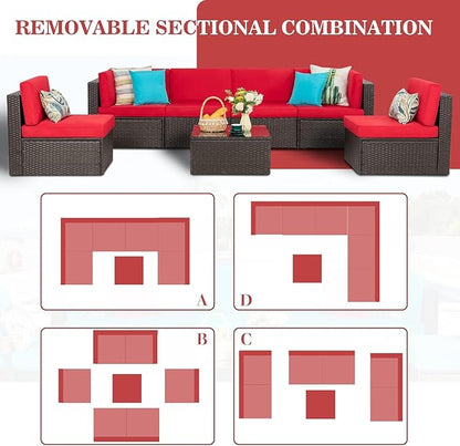 Vongrasig 8 Pieces Patio Furniture Set with 43" Fire Pit, Outdoor Couch Sectional Set, Small Conversation Set, 50,000 BTU Gas Fire Pit Propane Fire Table with Lid, Glass Wind Guard, Red