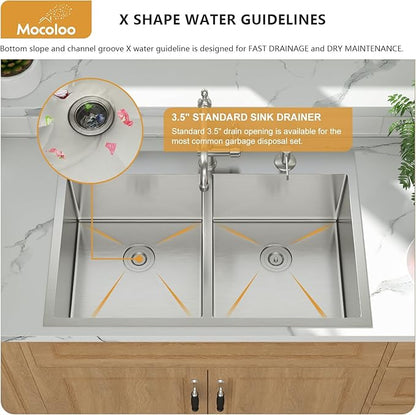 Mocoloo 33 Drop In Kitchen Sink Double Bowl 33 x 22 Drop Sink Double Bowl 50/50 T304 Stainless Steel 16 Gauge Topmount Handmade, 10 Inch Deep