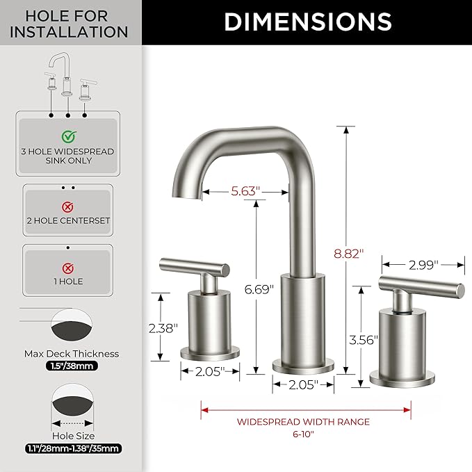 FORIOUS Brushed Nickel Bathroom Faucet for 3 Hole, Widespread Bathroom Sink Faucet with Pop Up Drain and Hoses, for Vanity Restroom RV Lavatory, 360° Rotatable Spout