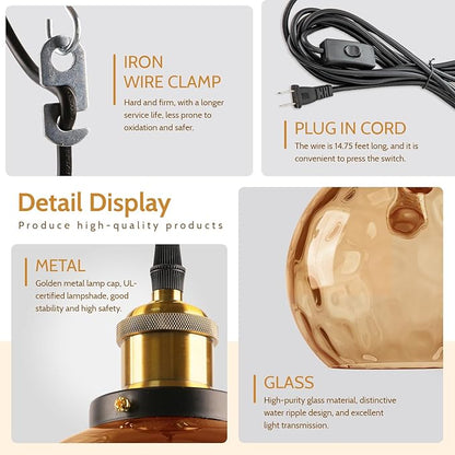 Amber Glass Hanging Lamp, Plug in Pendant Light with 14.75 Ft Long Cord, Plug in Hanging Chandelier Vintage Celing Light Fixtures Hanging for Kitchen Dining Room Living Room Bedroom (2 Pack)