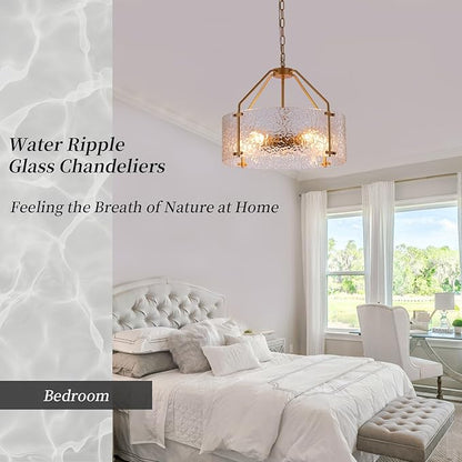 Glass Drum Gold Chandelier for Dining Room 20'' Entryway Light Fixture 5-Light Kitchen Chandeliers Over Table Bedroom Light Fixture for Living Room Hallway Foyer Kitchen