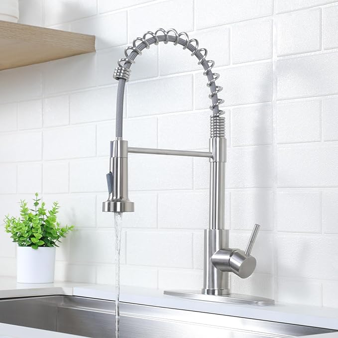 VAPSINT Kitchen Faucet with Pull Down Sprayer, Brushed Nickel Stainless Steel Single Handle Spring Sink Faucet 1 or 3 Hole,Dual Function Kitchen Faucets for Farmhouse Laundry RV Wet Bar, VAP-BY007