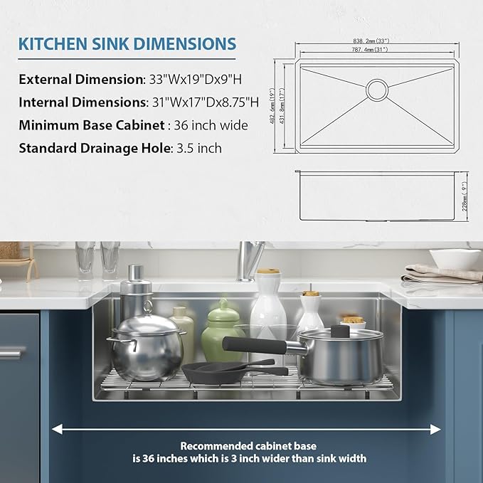 33 Undermount Kitchen Sink Stainless Steel 16 Gauge 33x19x9 Inch Ledge Workstation Single Bowl Kitchen Sink with Round Corners Under Counter Basin