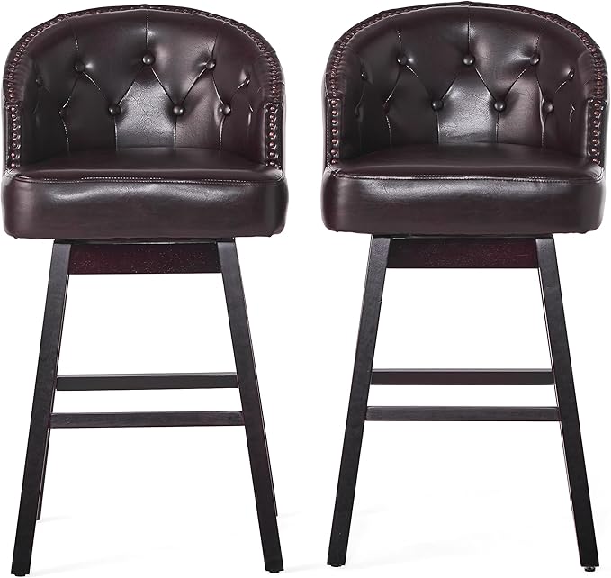 Set of 2 Brown Bar Stools with 360-Degree Swivel, Nailhead Trim & Button-Tufted PU Fabric, Rubberwood Frame for Kitchen Island, Home Bar, and Living Area