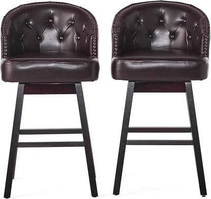Set of 2 Brown Bar Stools with 360-Degree Swivel, Nailhead Trim & Button-Tufted PU Fabric, Rubberwood Frame for Kitchen Island, Home Bar, and Living Area