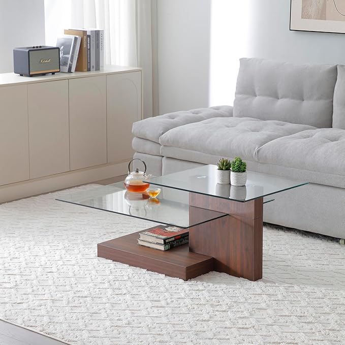 Glass Coffee Table with Storage, 44 Inch Rectangular Coffee Tables for Living Room, 3-Tier Tempered Glass Wooden Center Table Modern Accent Cocktail Table for Home Office (Walnut)
