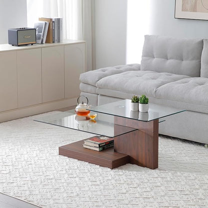 Glass Coffee Table with Storage, 44 Inch Rectangular Coffee Tables for Living Room, 3-Tier Tempered Glass Wooden Center Table Modern Accent Cocktail Table for Home Office (Walnut)