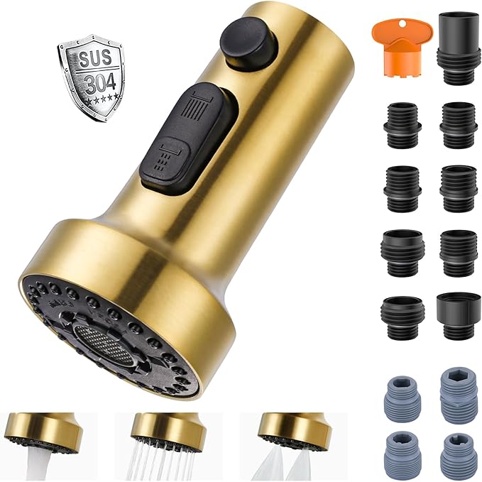 Stainless Steel Kitchen Faucet Head: ARCORA 3-Function Kitchen Faucet Head Replacement with 13 Adapters - Brushed Gold Pull Down Spray Head Compatible with Moen, Delta, American Standard Faucets