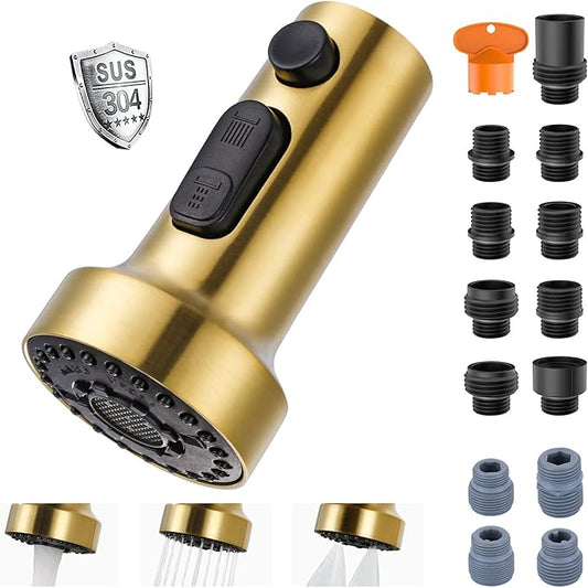 Stainless Steel Kitchen Faucet Head: ARCORA 3-Function Kitchen Faucet Head Replacement with 13 Adapters - Brushed Gold Pull Down Spray Head Compatible with Moen, Delta, American Standard Faucets