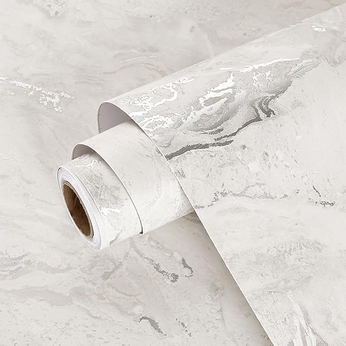 Wallercity Beige/Silver Peel and Stick Marble Wallpaper for Cabinets Bathroom Marble Contact Paper for Countertops Self Adhesive Removable Vinyl Countertop Wall Paper for Shelf Liner 15.8''x236''