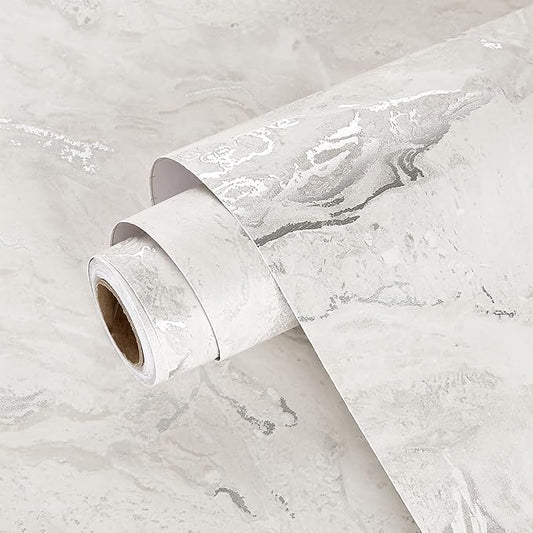Wallercity Beige/Silver Peel and Stick Marble Wallpaper for Cabinets Bathroom Marble Contact Paper for Countertops Self Adhesive Removable Vinyl Countertop Wall Paper for Shelf Liner 15.8''x236''