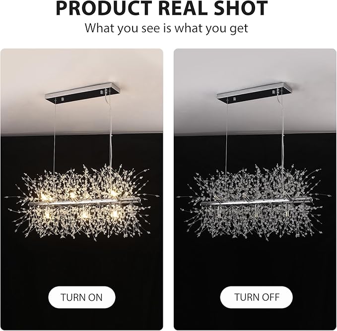 Modern Crystal Chandeliers Firework, 9-Light Chrome Rectangle Linear Dandelion Dining Room Chandelier, Mid Century Sputnik Firework Ceiling Light Fixture for Living Room Kitchen Island Store (L 28.8")