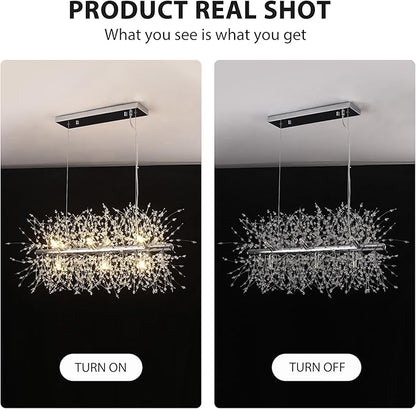 Modern Crystal Chandeliers Firework, 9-Light Chrome Rectangle Linear Dandelion Dining Room Chandelier, Mid Century Sputnik Firework Ceiling Light Fixture for Living Room Kitchen Island Store (L 28.8")