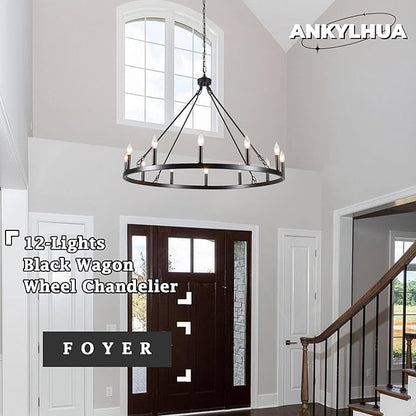 Wagon Wheel Chandelier 12 Light 38" Large Black Farmhouse Chandelier for Dining Room Rustic Country Pendant Light Fixtures Hanging Modern Round Chandeliers for Living Room High Ceilings Entryway Foyer