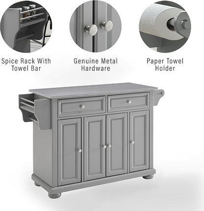 Crosley Furniture Alexandria Stainless Steel Top Rolling Kitchen Island Storage Cart, Microwave Stand, Gray