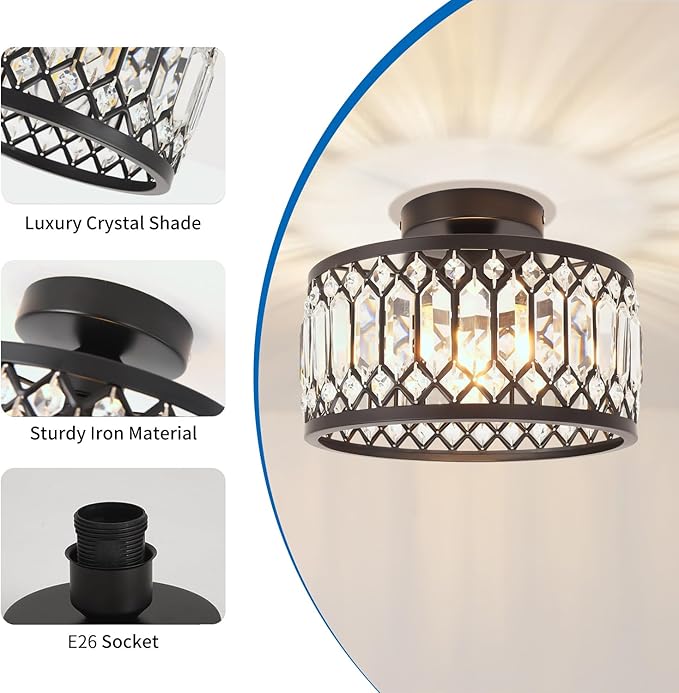 ANWIO Crystal Black Ceiling Light Fixture, Modern Semi Flush Mount Ceiling Light, Crystal Chandelier for Kitchen Bedroom Bathroom Entryway, 10.63inch
