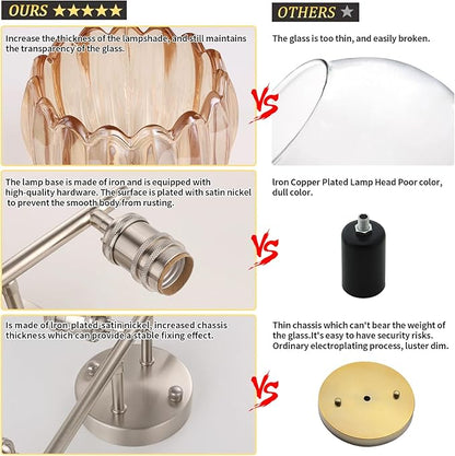 Shenmoyl Bathroom Light Fixtures, 3-Light Vanity wall Light Over Mirror with Amber Tulip Glass Shade for Bedroom Living Room (Bulb Not Included), Satin Nickel