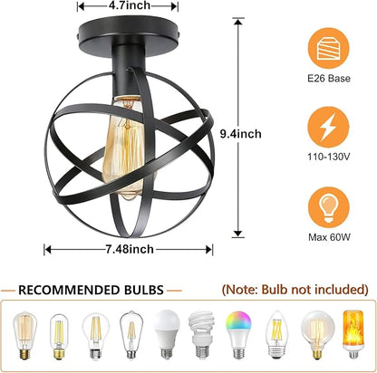 KOONTING Vintage Industrial Semi Flush Mount Ceiling Light, Metal Spherical Ceiling Lamp Light Fixture for Hallway Stairway Porch Bedroom Kitchen, 7.48inch, Black.