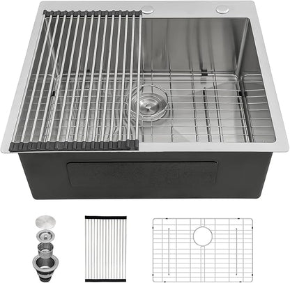 Kichae 25 Inch Drop In Kitchen Sink - 25x22 Drop Sink Stainless Steel 16 Gauge Single Bowl Topmount Deep Basin Drop Kitchen Sinks Round Corner Handmade Sink