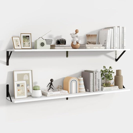 Axeman 48 Inch Floating Shelves | 8 Inch Deep White Wall Shelves Set of 2 | 47.3" W x 8" D Rustic White Wood Shelves for Bathroom Kitchen Living Room