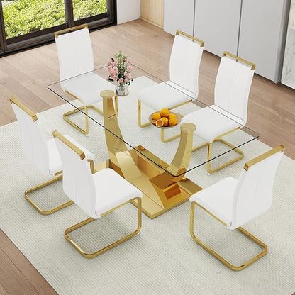 71” Glass Dining Table, Modern Dining Room Table for 6-8, Luxury Gold Kitchen Table with U-Shaped Metal Legs, 0.4” Tempered Glass Top for Elegant Dining Room Spaces