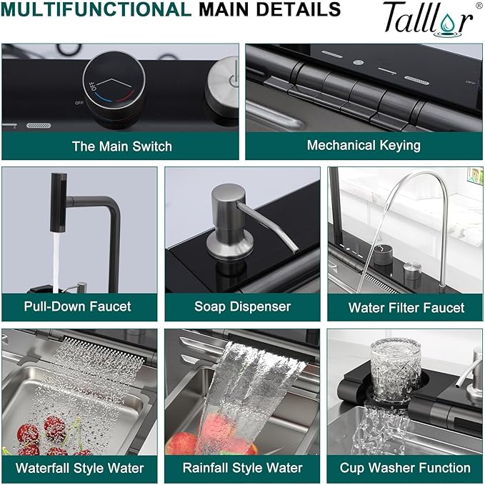 Smart Waterfall Kitchen Sink, 30" Drop-In Single Bowl 16 Gauge 304 Stainless Steel Workstation Sink with Mechanical Control Panel & Pull-Down Faucet for New house Decoration or Renovation