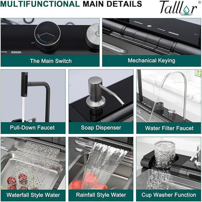 Smart Waterfall Kitchen Sink, 30" Drop-In Single Bowl 16 Gauge 304 Stainless Steel Workstation Sink with Mechanical Control Panel & Pull-Down Faucet for New house Decoration or Renovation