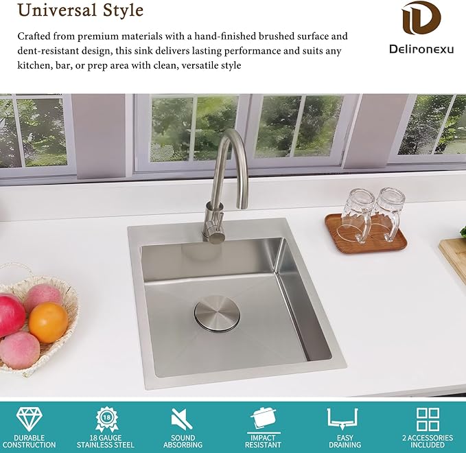 17 Inch Bar Sink Drop In – Delironexu Small Kitchen Sink, Modern 18 Gauge Stainless Steel sink with Brushed Finish, 17"x19"x6" Single Bowl kitchen Sinks for RV, Prep, and Outdoor Use