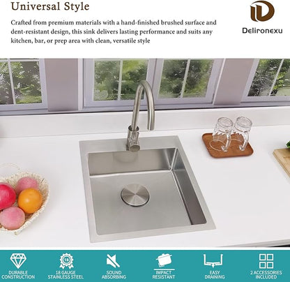 17 Inch Bar Sink Drop In – Delironexu Small Kitchen Sink, Modern 18 Gauge Stainless Steel sink with Brushed Finish, 17"x19"x6" Single Bowl kitchen Sinks for RV, Prep, and Outdoor Use