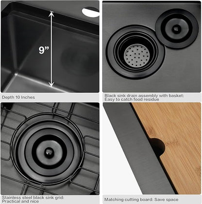 Black Drop In Bar Sink,16 Gauge 304S Stainless Steel Top Mount Kitchen SinK, All In One Workstation Sink with Accessories, 15" x 15" x 9" Small Kitchen Sink for RV,Outdoor and Wet bar
