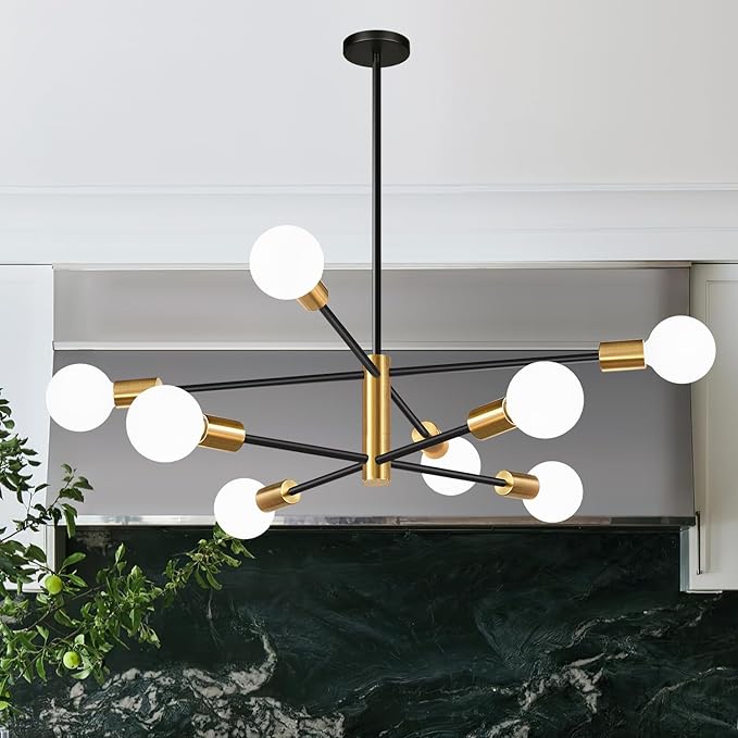 MQMQA Sputnik Chandeliers Dining Room Light Fixture (8-Light, 30-Inch), Modern Brushed Gold and Black Chandelier, Height Adjustable Mid Century Modern Chandeliers for Dining Room (Bulbs Not Included)