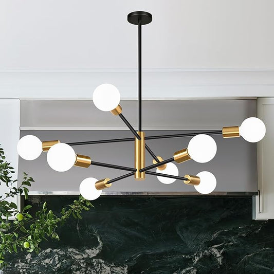 MQMQA Sputnik Chandeliers Dining Room Light Fixture (8-Light, 30-Inch), Modern Brushed Gold and Black Chandelier, Height Adjustable Mid Century Modern Chandeliers for Dining Room (Bulbs Not Included)