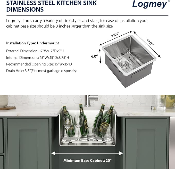 Logmey 17“ Undermount Bar Sink 17x17 Small Square Handmade Kitchen Sink 16 Gauge Stainless Steel Bar Prep Sink 9 Inch Deep Kitchen Sink Single Bowl RV Sink