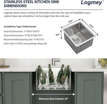 Logmey 17“ Undermount Bar Sink 17x17 Small Square Handmade Kitchen Sink 16 Gauge Stainless Steel Bar Prep Sink 9 Inch Deep Kitchen Sink Single Bowl RV Sink