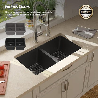 Lordear 31 Black Kitchen Sink Double Bowl Quartz Undermount Kitchen Sink Granite Composite Metallic Black Deep Double Bowl 50/50 Kitchen Sinks with Accessories