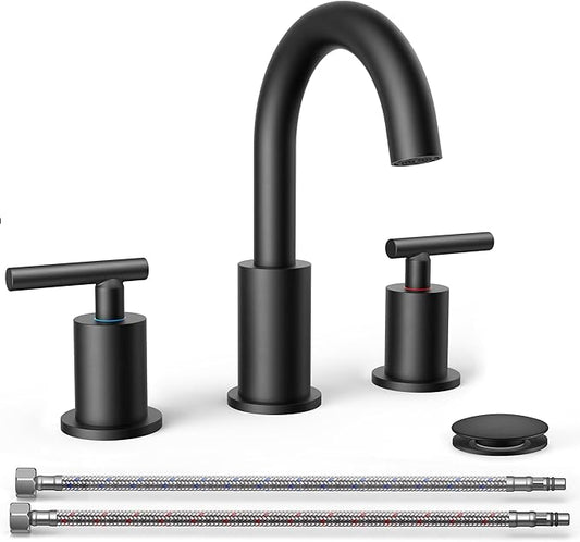 FORIOUS Black Bathroom Faucets 3 Hole, 2 Handle 8 in Widespread Matte Black Vanity Faucet 3 Holes with 360 Degree Rotating Spout for 6 to 12 inch Sink, Metal Pop Up Drain and cUPC Supply Lines