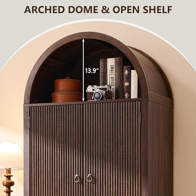 IFBUY 71" Tall Arched Bathroom Storage Cabinet, Modern Fluted Storage Cabinet w/Doors, 3 Adjustable Shelves, 6 Door Shelves, Wood Freestanding Cabinet for Bathroom, Entryway, Hallway, Brown
