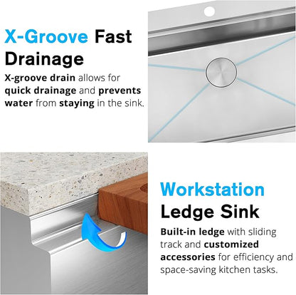 26 Inch Farmhouse Sink, 16 Gauge 304 Stainless Steel Farm Sinks, Drop In Topmount Single Bowl Workstation Sink with all Accessories, 26" x 22" x 10" Deep Kitchen Sink