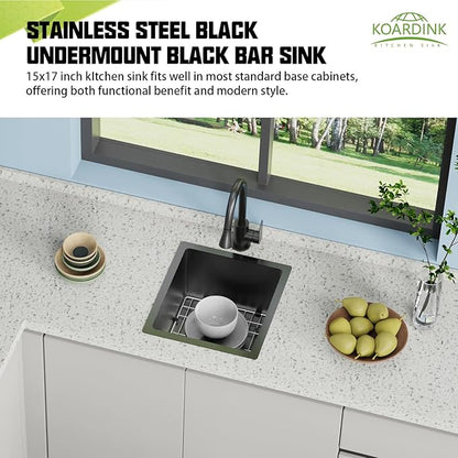 Black 15x17In Undermount Kitchen And Bar Sink- Stainless Steel Single Bowl Modern Drop In Kitchen&Bar Sink With SS Grid,Silicon Mat,Colander,Drain Strainer Compatibility With Various Kitchen&Bar Style