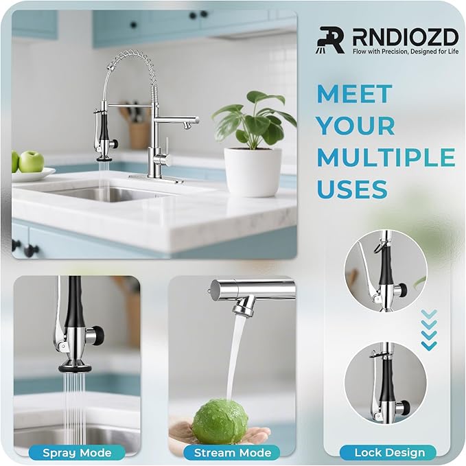 Kitchen Faucet with Pull Down Sprayer - Chrome Single Handle Commercial Kitchen Faucets, 2-Spout Stainless Steel Spring Pull Out Kitchen Sink Faucet 1/3 Hole with Deck Plate