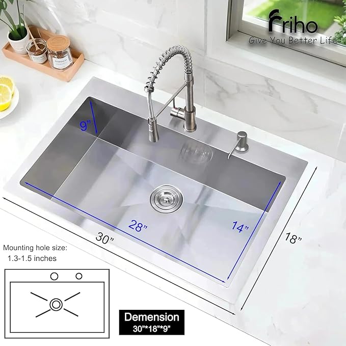 Friho 30 Inch Drop in Kitchen Sink, 30x18 Top Mount Commercial Handmade 18 Gauge Single Bowl Stainless Steel Sink With Basket Strainer