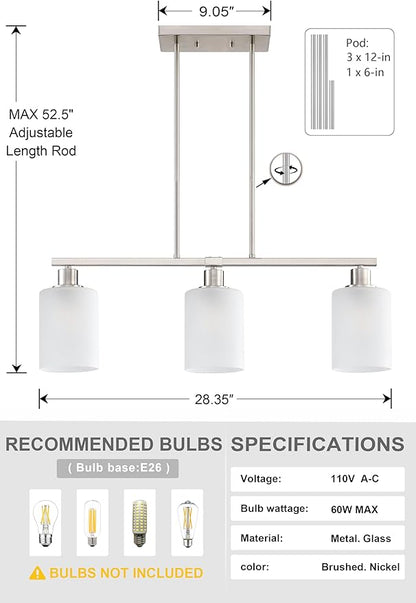 Doraimi Lighting 3 Light Linear Indoor Hanging Kitchen Island Light Brushed Nickel Finish Fixture,Modern 5.3" Frosted Glass Chandelier Shade for Bar Dining Room Kitchen Island Over Sink