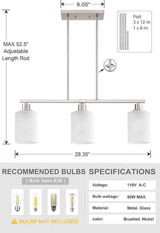 Doraimi Lighting 3 Light Linear Indoor Hanging Kitchen Island Light Brushed Nickel Finish Fixture,Modern 5.3" Frosted Glass Chandelier Shade for Bar Dining Room Kitchen Island Over Sink