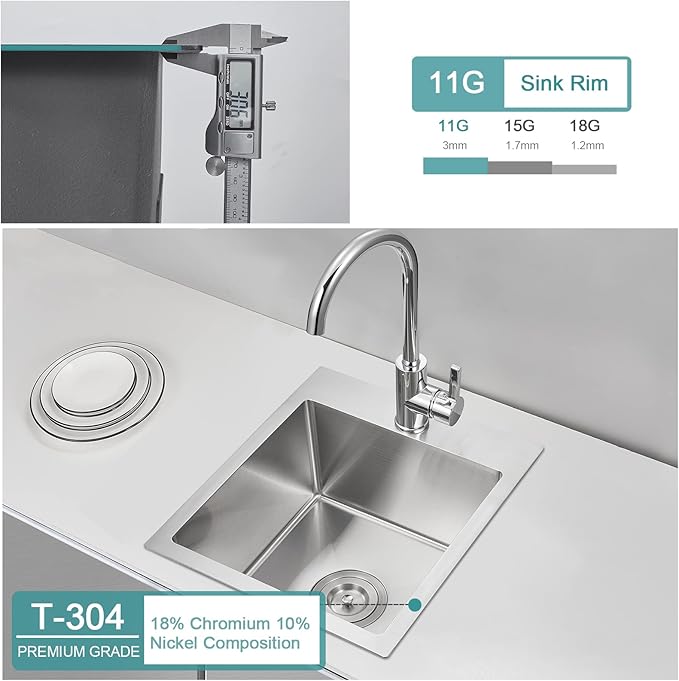 Bar Sink, KINKIB 13 x 15 x 8 inch Undermount Bar Sink or Prep Kitchen Sink, Handmade Kitchen Sink Single Bowl T-304 Stainless Steel Small Sink with Strainer