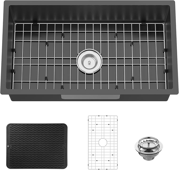 Black 32x18 Inch Undermount Kitchen Sink-Stainless Steel Single Bowl Drop In Kitchen Sink Stylish And Modern Look With Bottom Grid,Silicon Mat And Drain Assembly Add Elegance & Enhance Usability
