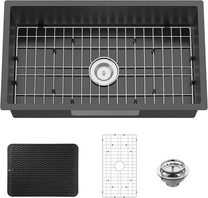 Black 32x18 Inch Undermount Kitchen Sink-Stainless Steel Single Bowl Drop In Kitchen Sink Stylish And Modern Look With Bottom Grid,Silicon Mat And Drain Assembly Add Elegance & Enhance Usability