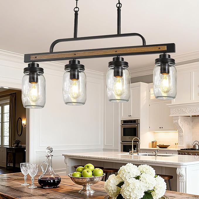 4-Light Farmhouse Dining Room Chandelier, Black Mason Jar Chandelier Lighting Fixture for Kitchen Island, Dining Room, Rustic Linear Cluster Hanging Pendant Light, Faux Wood with Glass Shade